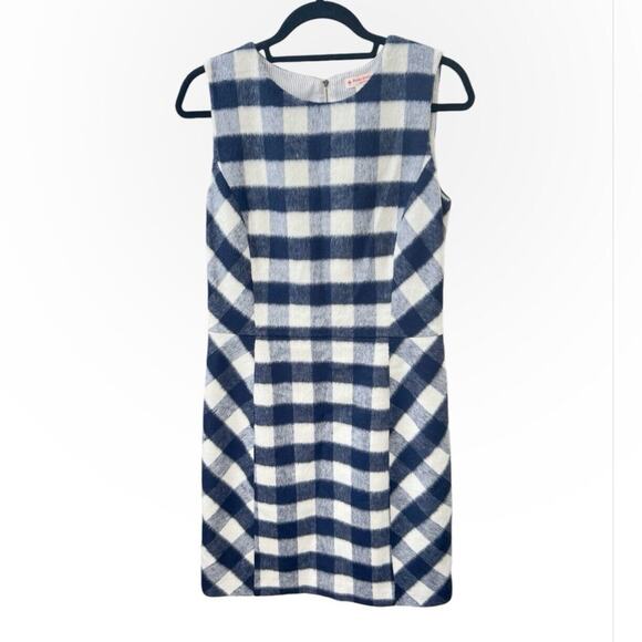 Brook Brothers Gingham Sleeveless Sheath Dress Sz 8 Wool Blend Fuzzy Navy Ivory - Picture 2 of 7